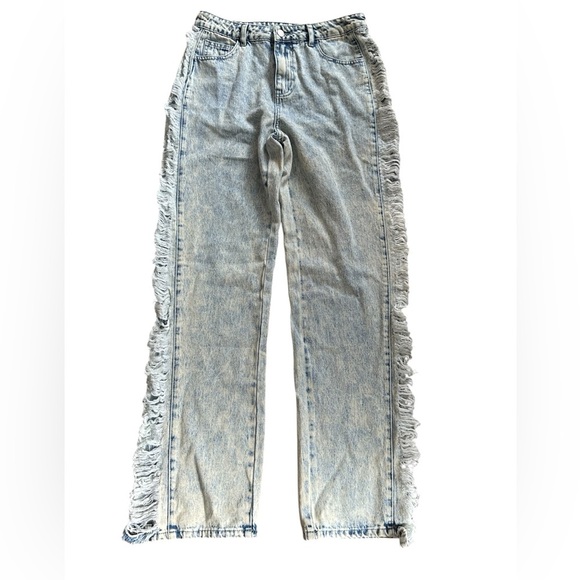 Shein Women’s Light Wash Fringe Side Straight Leg High Rise Jeans Size 29 - Picture 1 of 6